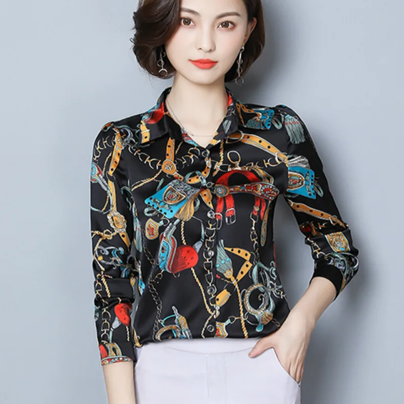  2020 Spring Long Sleeve Turn Down Collar Print Satin Shirts Women European Chain Print Satin Blouse