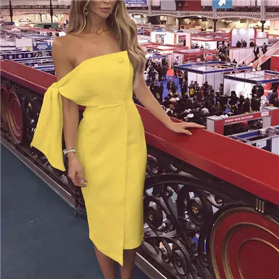 Асимметричное платье с открытыми плечами, Сексуальное желтое облегающее платье на бретелях, летние женские вечерние платья с открытой спиной, vestido de - Цвет: YELLOW