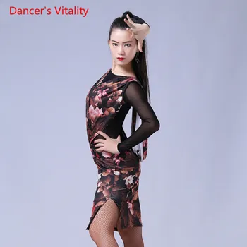 

2018 New dance Dynasty dance Latin female adult skirt one piece-dress long-sleeve zipper patchwork gauze autumn and winter dance