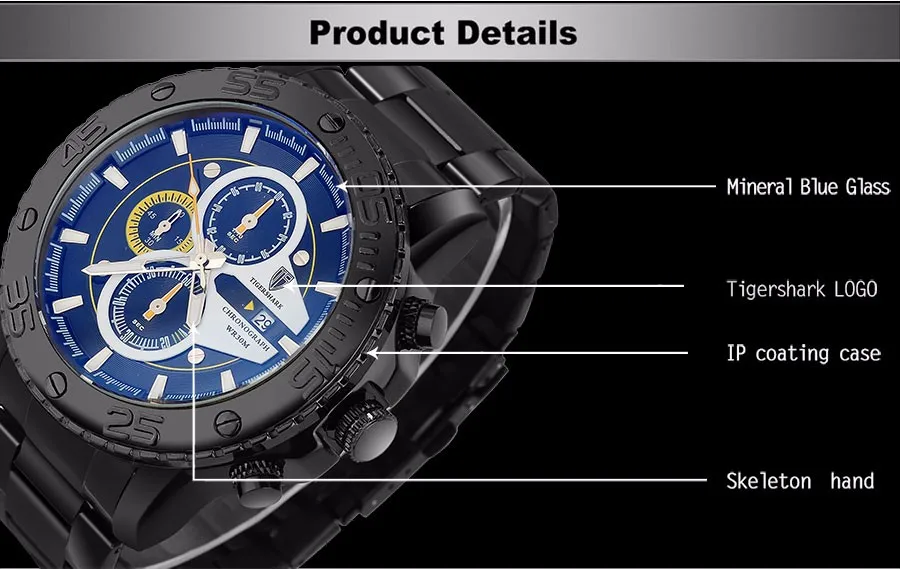 TIGERSHARK черные мужские спортивные часы повседневные часы с хронографом Дата из нержавеющей стали наручные часы светящиеся большой циферблат 30 м водонепроницаемые часы