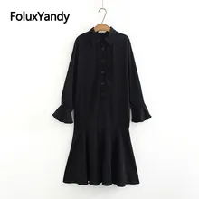 Casual Trumpet Dress Black Midi Vestidos Plus Size XXXL 4XL Turn-down Collar Flare Long Sleeve Dress Black KKFY3085 plus trumpet sleeve flare floral dress