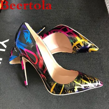 

New Women's Pumps Patent Leather Black Graffiti Mixed Color Ladies Shoes High Heels Shallow Pointed Toe Wedding Chaussures Femme