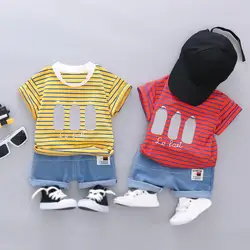 2019 Новая летняя детская одежда для мальчиков и девочек футболка в полоску с короткими рукавами и буквенным принтом + джинсовые шорты