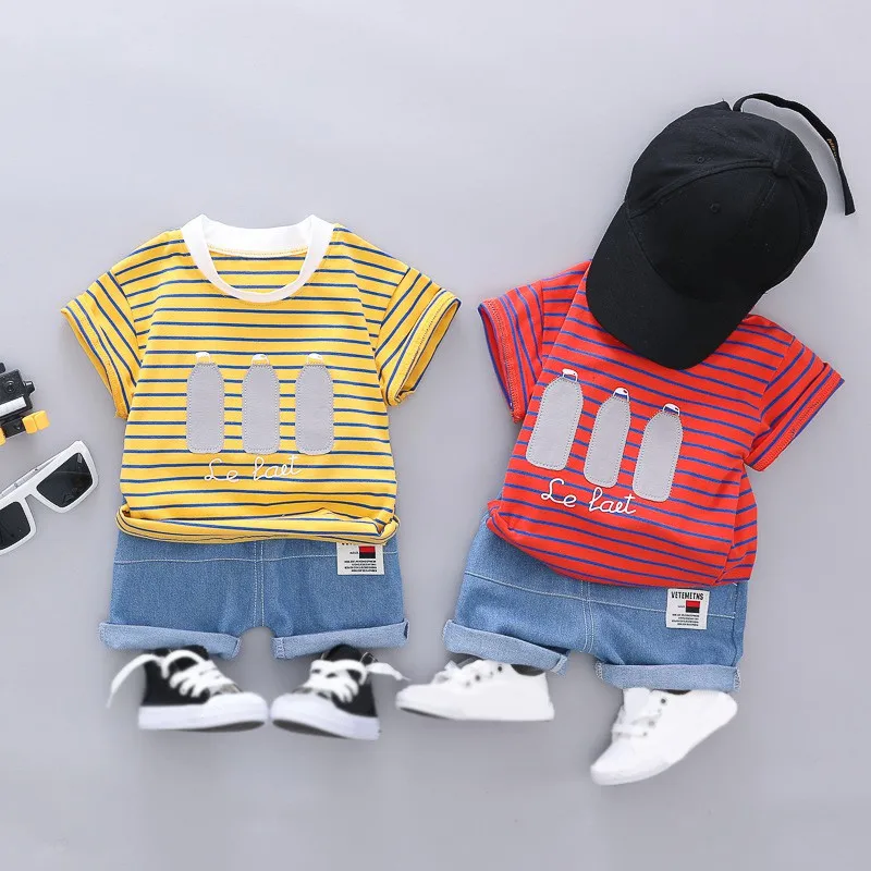 

2019 New Summer Kids Boys Girls Clothes Short Sleeve Stripe Letter Print T-shirt+Denim Shorts Children Casual Outfits Sets 6M-4T