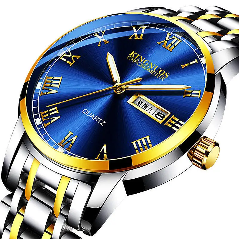 

KINGNUOS Gold Men Watch Luxury Stainless steel Male Clock Quartz Waterproof Wrist Watches Calendar Week Date Business Style Man