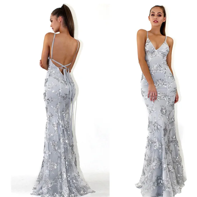 BKLD Robe Femme Ete 2018 Sexy Spaghetti Strap Off Shoulder Sequins Vestidos Backless Women Maxi Party Dress Long Elegant Dresses 1