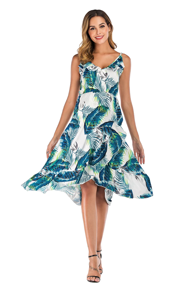 New European and American style ruffled ink deep V sling irregular print loose pregnant dress