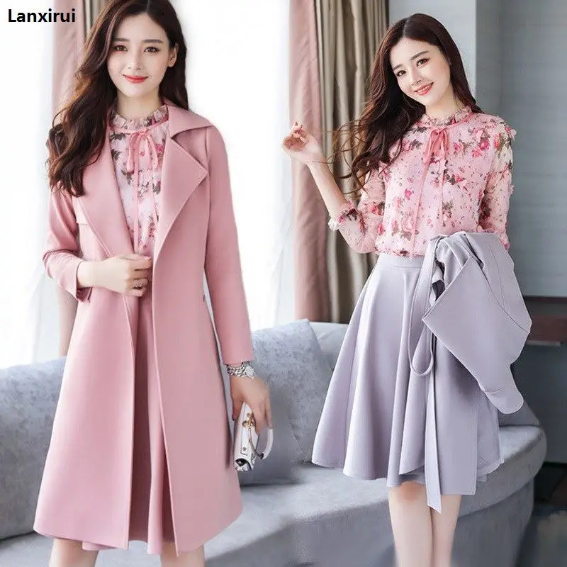 Women Woolen Coat Chiffon Shirt Skirt 