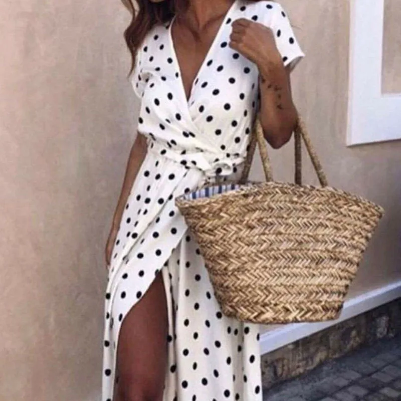 Women Summer Beach Boho Maxi Long Dress Vintage Polka Dot Sexy V Neck Split Femme Casual Party Dresses Short Sleeve Vestidos New