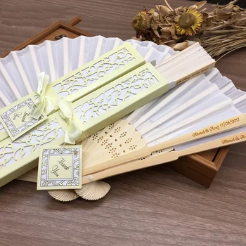 

Free Shipping 30pcs Customized Printing Hand Fans Spun Silk Wedding Fans with Laser-Cut Gift Box Wedding Gifts for Guests