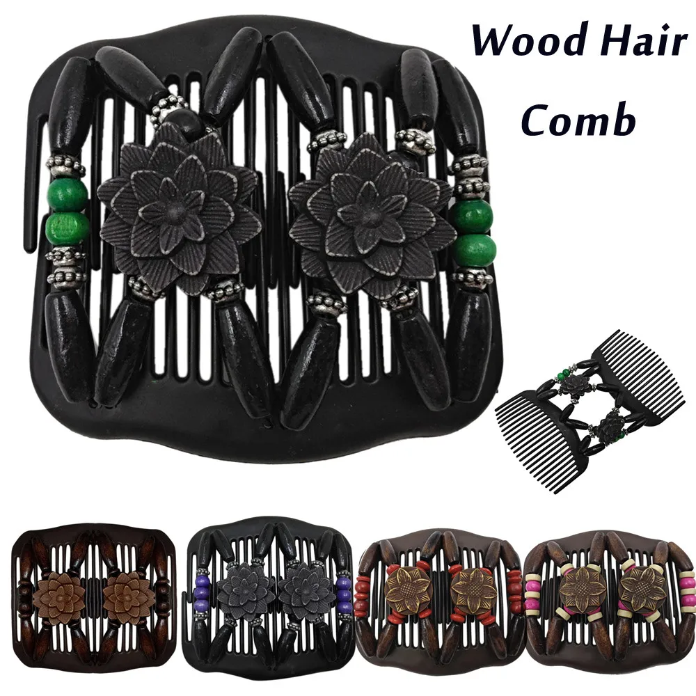 Bead Stretchy Women Hair Combs Double Magic Wooden Comb Clip Hairpins