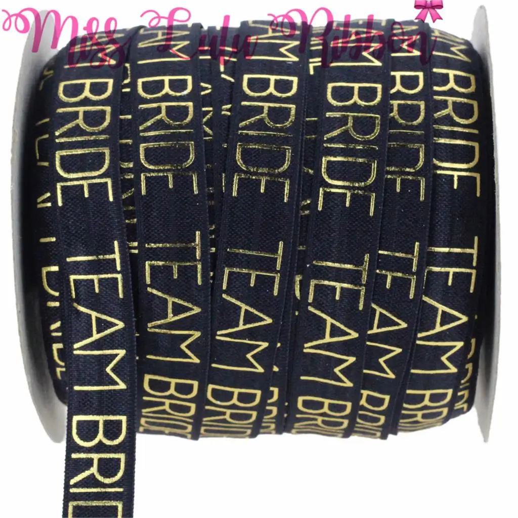 5/" 16 мм Золотая фольга" Team Bridal "с принтом в виде слова, складывающаяся эластичная лента, галстук для волос, сделай сам, свадебный подарочный пакет, 10 ярдов/рулон - Цвет: Black