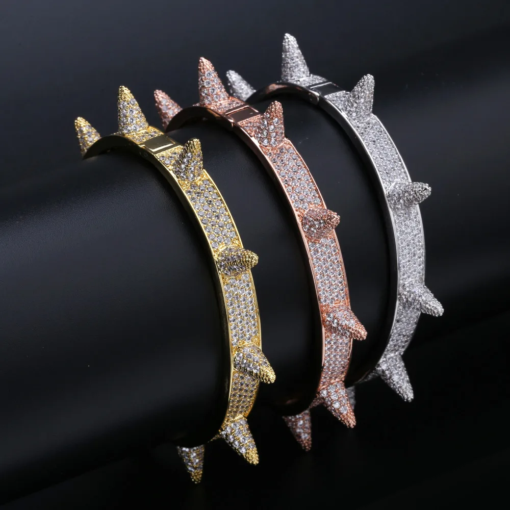 Luxury Iced Out Bling Cubic Zircon Hip Hop Rose Gold Silver Rivet Bracelets Spike Bangles Gifts for Men Women