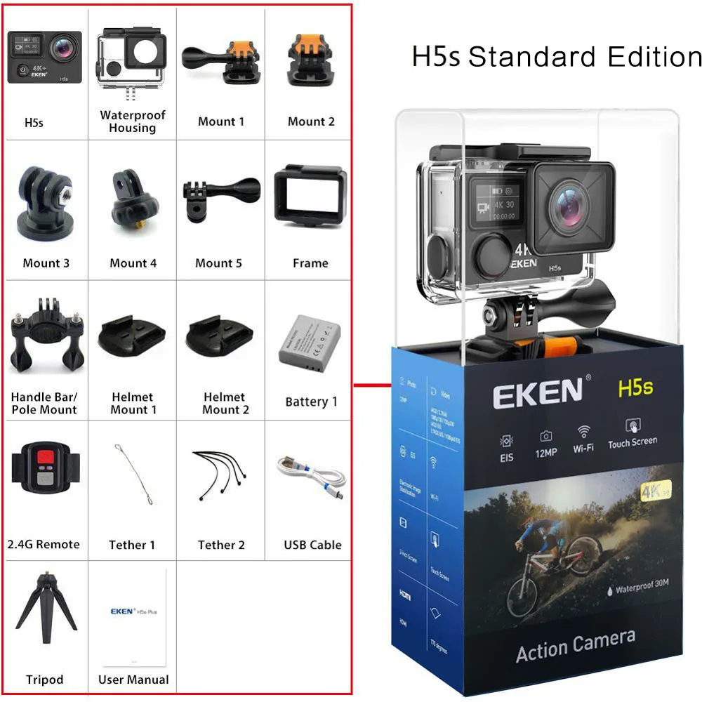 Eken H5s Plus& H5s Ultra HD 4K+ Экшн-камера 12 МП с EIS 100 футов Подводная Водонепроницаемая камера с дистанционным управлением спортивная видеокамера sony сенсор - Цвет: Black H5S