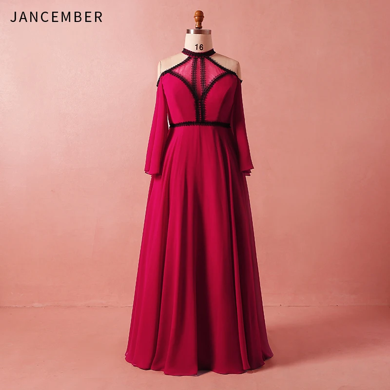 JANCEMBER Plus Size Red Evening Dresses Long Chiffon High Neck Sexy Off the Shoulder Sleeve Lace Up Back Gown New | Свадьбы и