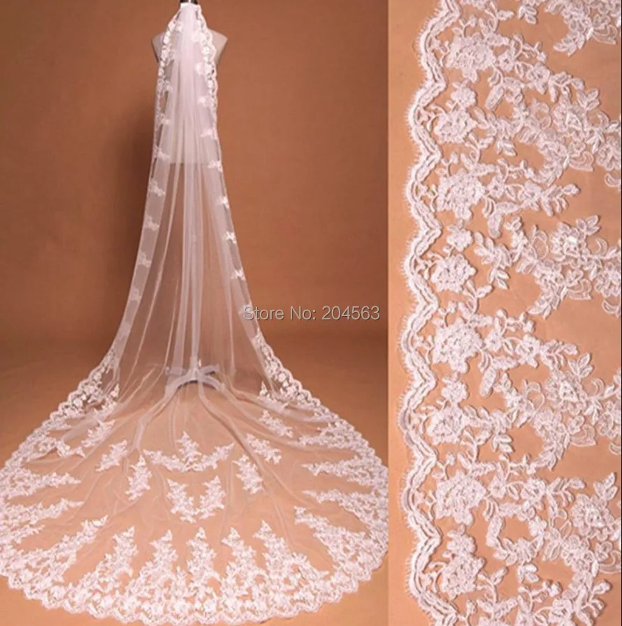 

White or Ivory Stunning Long Wedding Veils Lace Edge Tulle Cathedral Veil for Bride with Comb HL2019