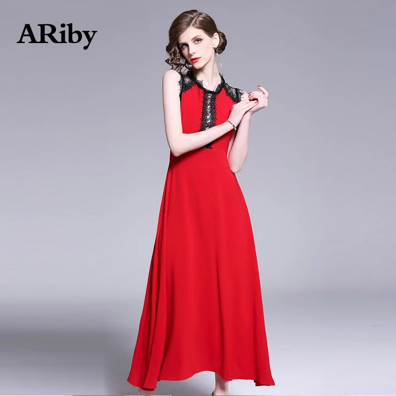 Женское длинное кружевное платье макси ARiby элегантное красное трапеция