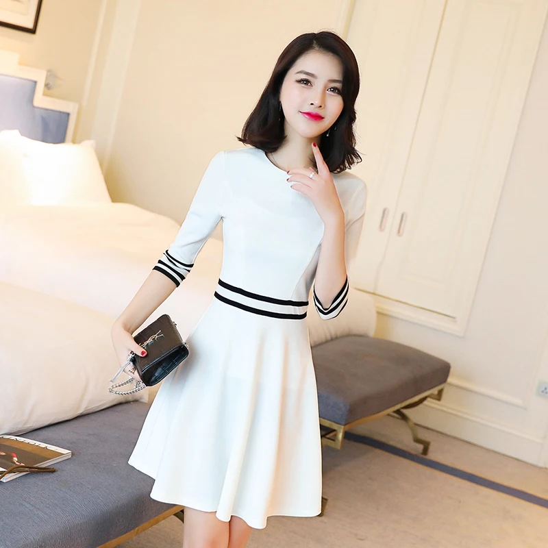 Spring Women dress Striped Contrast Color Dresses White 2678-in Dresses