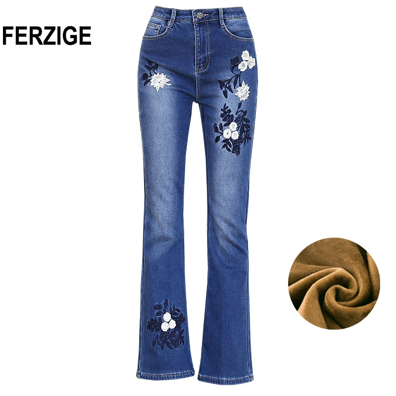 

FERZIGE Women Jeans High Waist Bell Bottoms High Waist Winter Heat Insulated Thickness Embroidery Mom Denim Slim Pants Flared