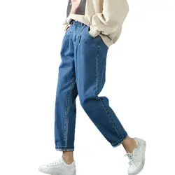 Для женщин джинсы 2019 весенние свободные Высокая Талия Джинсы женские тонкие Новый стиль полной длины шаровары Большой Размеры Q13