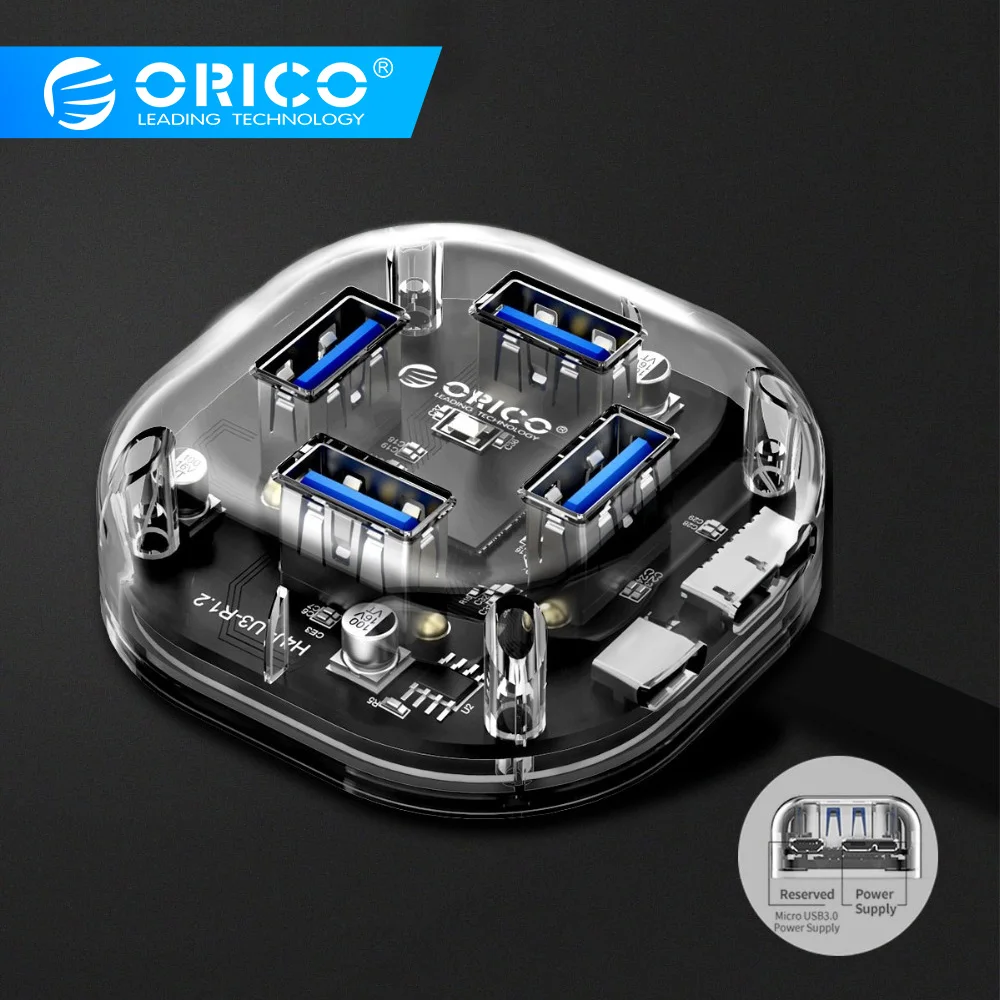 

ORICO HUB USB 4 /7 Ports USB3.0 Transparent HUB Mini With Rubber Anti-skid Pad Reserced External Power Supply