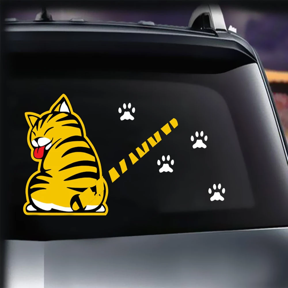 Yellow Cat Wagging Tail Car SUV Rear Winshield Wiper Blade Window Decal Sticker