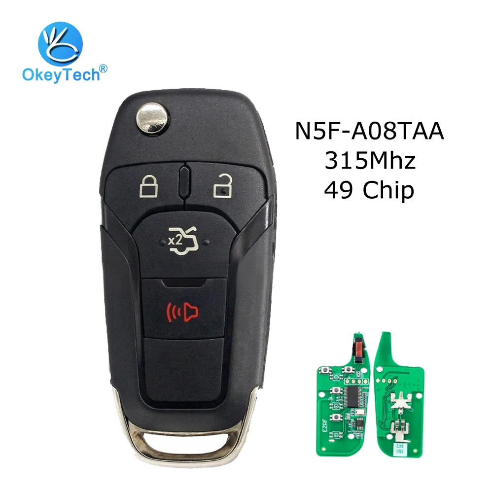 

OkeyTech 2pcs/lot 315Mhz N5F-A08TAA 49 Chip Flip Folding 3+1 Button HU101 Uncut Blank Blade Remote Key for Ford Fusion Escort