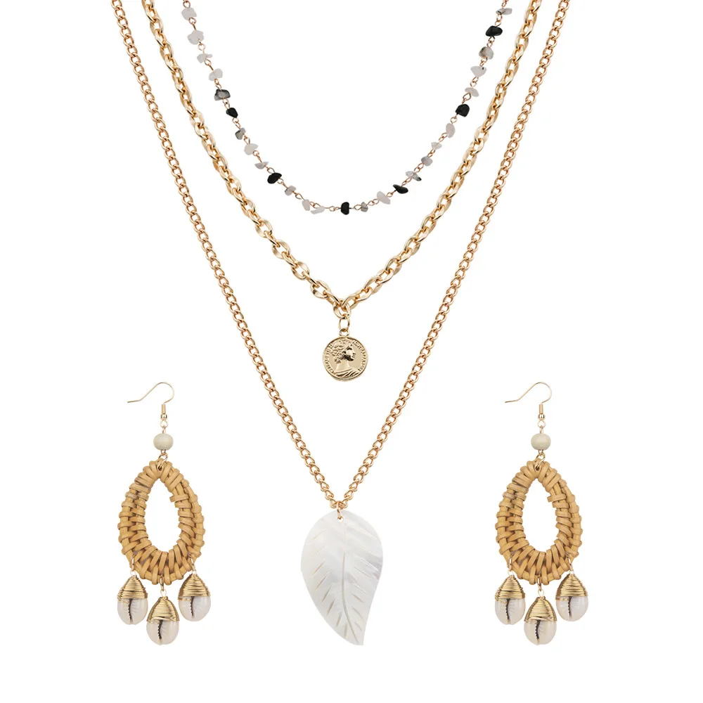 

New Arrival 2019 Gold Jewelry Sets Women Shell Earrings 3 Layers Chocker Fashion Necklace Set Bohemia Necklace and Earing Set