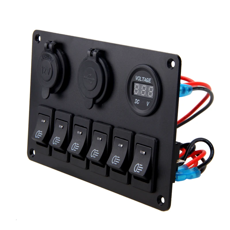  Cargador USB ABS 12V 24V 6 Gang Rocker interruptor Panel Dual USB impermeable circuito azul LED coc