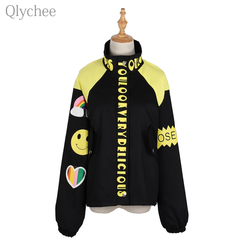 Qlychee Letter Printed Pocket font b Jacket b font font b Women b font Female Spring