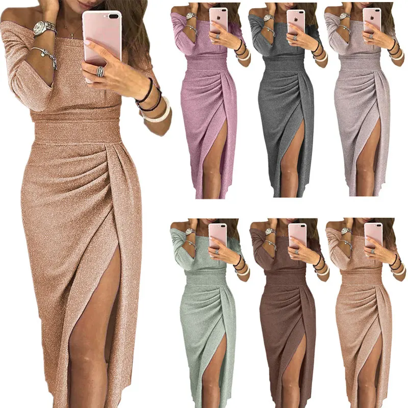 

Ladies bag hip sexy slitted collar dress bright crystal dress Autumn Summer ladies fashion Christmas party Dresses Vestidos