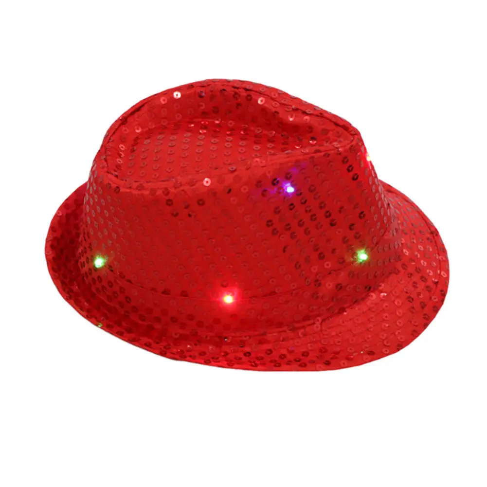 Flashing Light Up LED Fedora Trilby Sequin Unisex Fancy Dress Party Hat Cap Cosp 