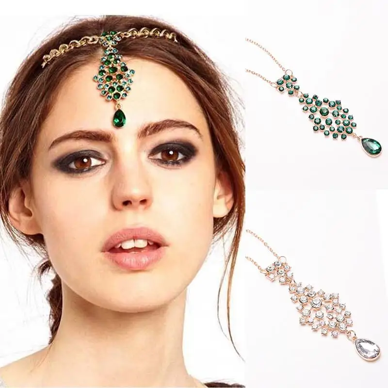 

Ethnic Indian Princess Style Hair Clip Forehead Eyebrows Green Imitation Rhinestone Chain Boho Tiara Bride Wedding Hairpin 1 PC