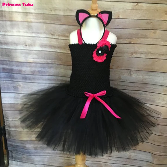 Cute Cat Tutu Dress with Headband Hot Pink Black Baby Girls Halloween
