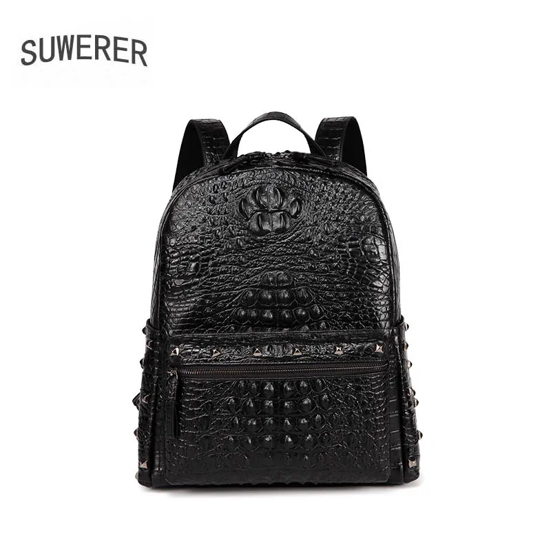 

SUWERER high quality fashion luxury brand backpack men's crocodile pattern rivet men's computer bag leather large capacity fashi