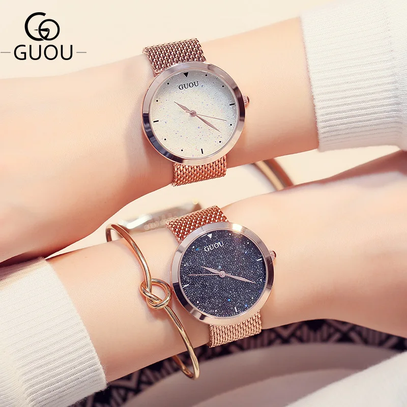 Luxury GUOU Pretty Bling Stars Full Stainless Steel Quartz Wristwatches Wrist Watch Bracelet for Women Ladies Girls Rose Gold | Наручные