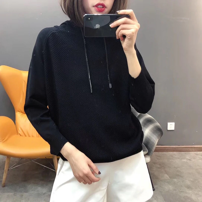 

Fanco women ice silk hooded knitted sweater long sleeve stretchy solid pullovers female casual chic tops