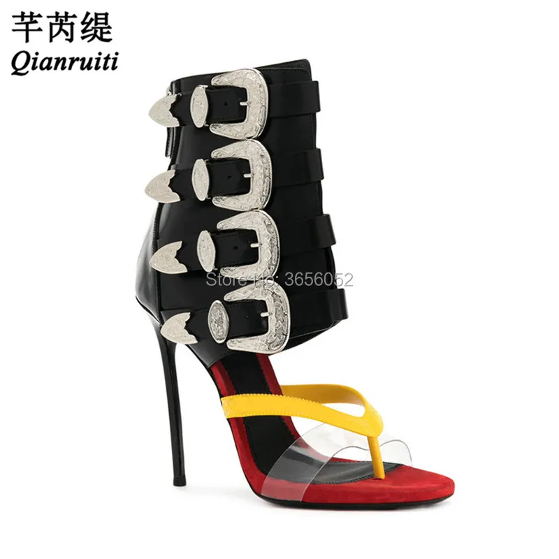 Qianruiti/черные летние туфли Bota Feminina женские сандалии гладиаторы на шпильках с