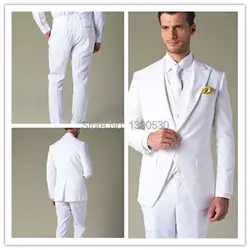 Новые модные Одежда высшего качества 100% шерсть белый Пик нагрудные две кнопки одного Vent 3 предмета в комплекте мужские костюм для свадьбы