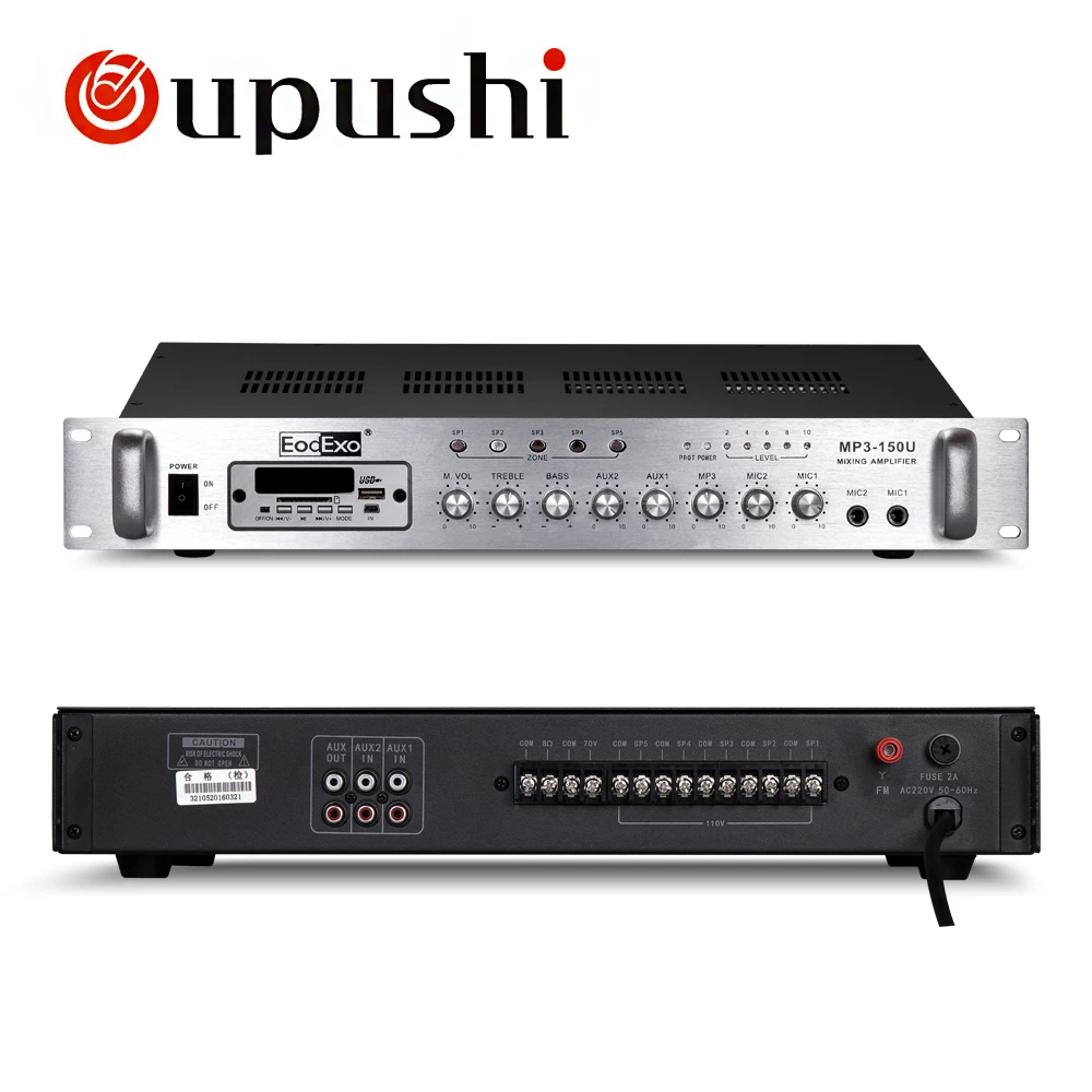 

Oupushi PA 5 Zone Mixing Amplifier 60W , 100W, 150W MP3 Music Player USB Home Music Amplifeir With Speakers