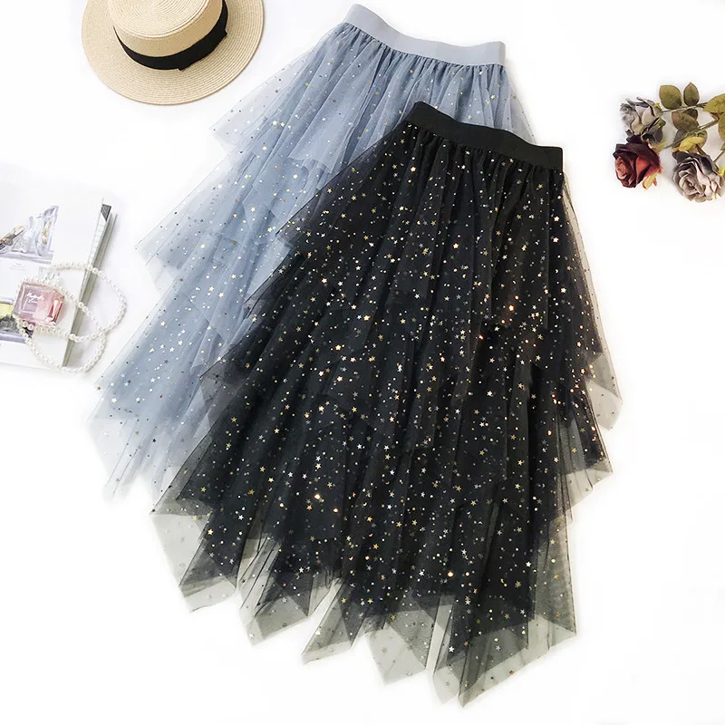 

Spring and Summer Star Bronzing Design 2019 New Irregular Mesh Skirt Women's Long skirt Mid-Calf A-Line Natural