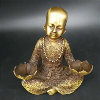 

COLLECTIBLE CHINESE COPPER GILT HANDMADE BUDDHIST MONK CANDLESTICK