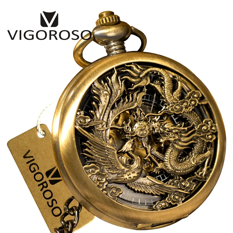 2017 New Bronze Steel Vintage Retro Steampunk Skeleton Designer Dragon Phoenix Mechanical Hand Wind Pocket Watch