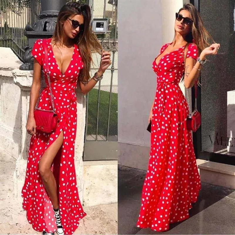 

Sundress Female Summer Dress 2019 Dot Sashes Split Long Maxi Dress Women Short Sleeve V-Neck Bohemian Dresses Woman Party Night