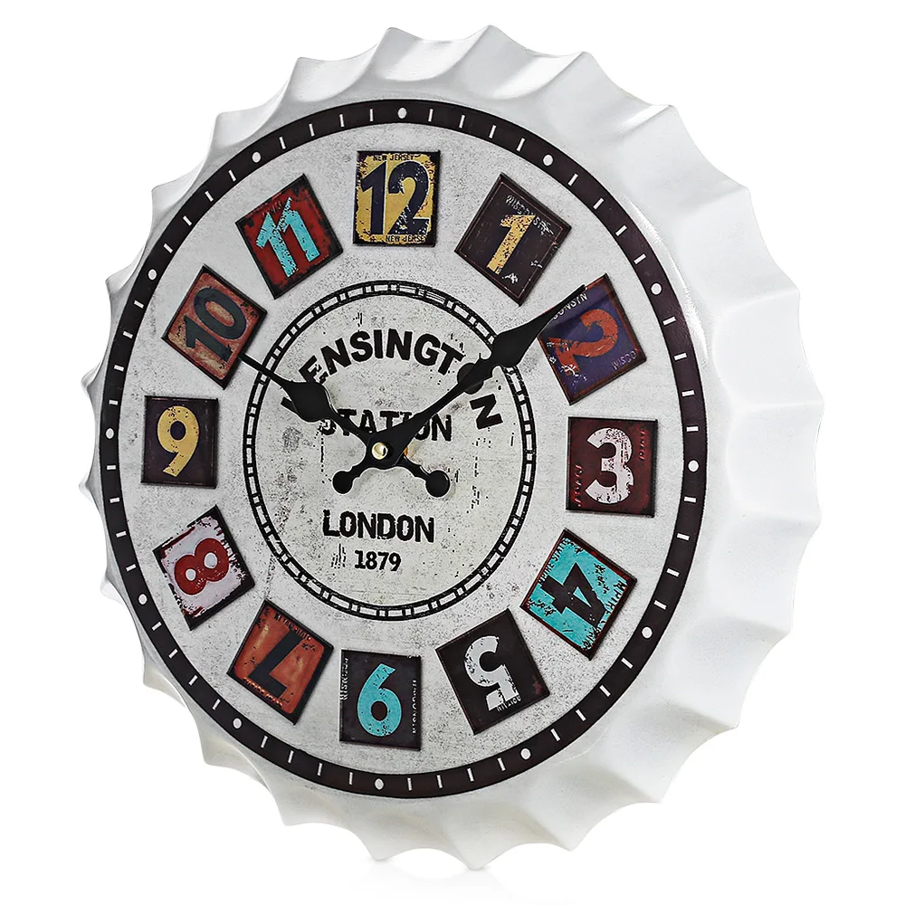 35cm Retro Beer Soda Bottle Cap Wall Clock With Vintage Kensington Station Rustic Prints Bar