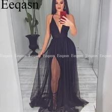 Сексуальное черное платье для выпускного вечера с v-образным вырезом с разрезом по бокам, длинное платье из тюля для выпускного вечера, вечернее платье, вечерние платья размера плюс