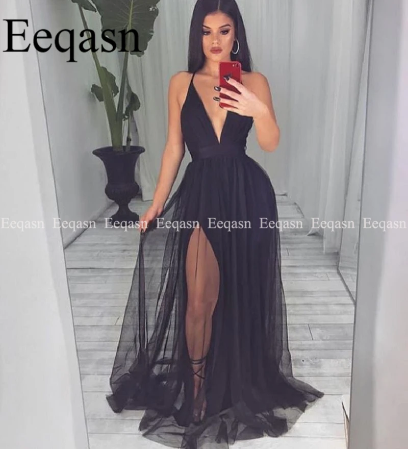 

Sexy Black V-Neck Prom Dress 2019 Side Split Tulle Long Prom Dresses Formal Party Gown Evening Gowns vestido de gala Plus Size
