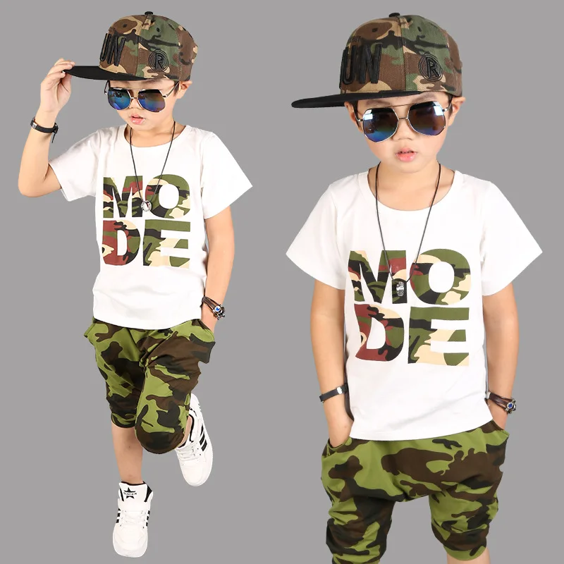2017 Summer New children's camouflage service British boy set simple camouflage short sleeves 4 5 6 7 8 9 10Y Cotton costume
