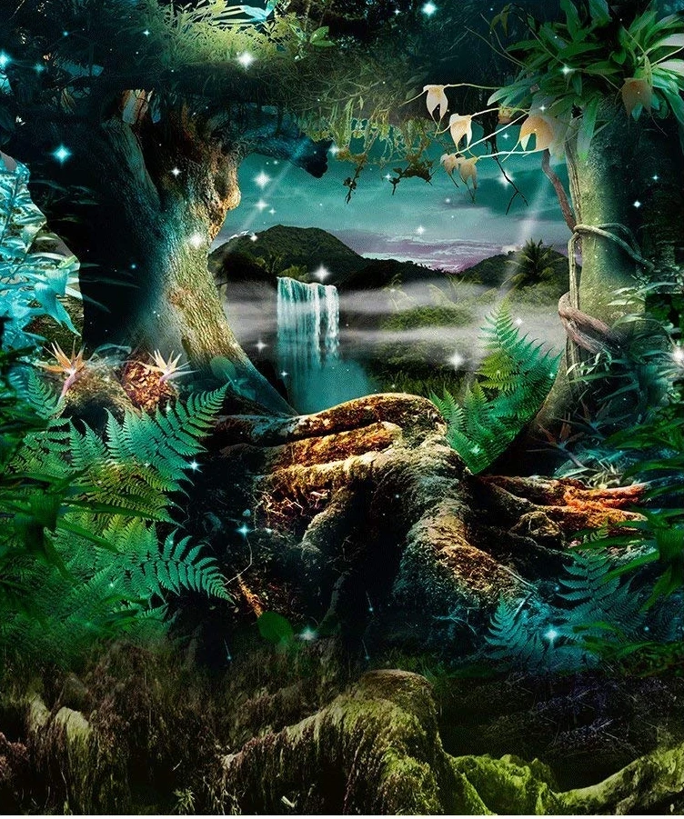

enchanted rain forest green tree moss waterfall background High quality Computer print children kids backdrops