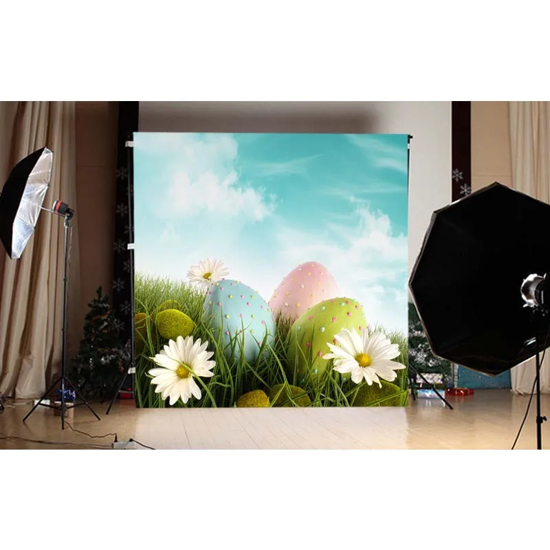 3x5ft Spring Happy Easter Eggs Background For Children Blue Sky Greenland Flowers Custom Photography Backdrops Photographic Prop |